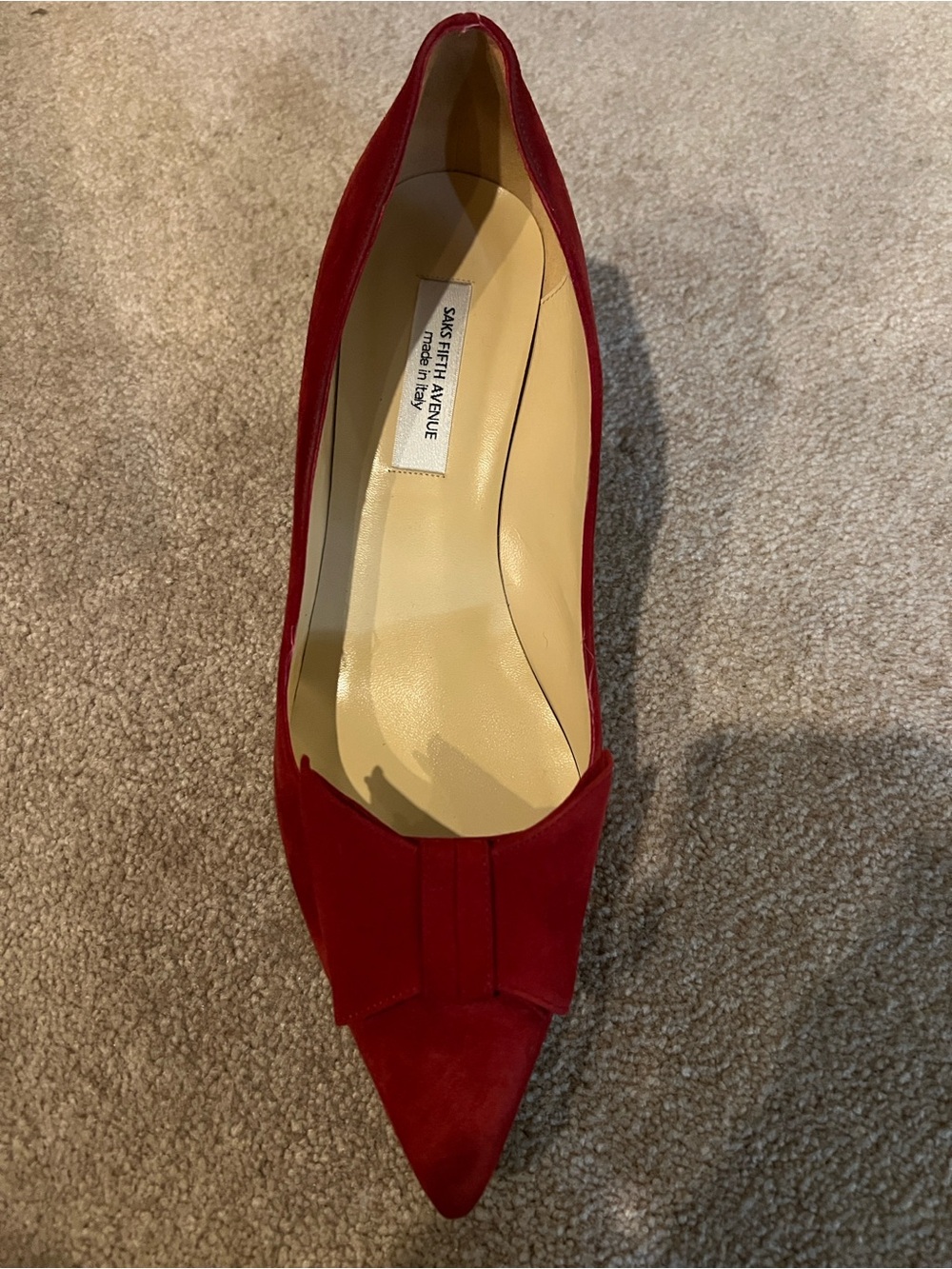 Saks Fifth Avenue Red Velvet Pointed-Toe Flats with Bow Accent